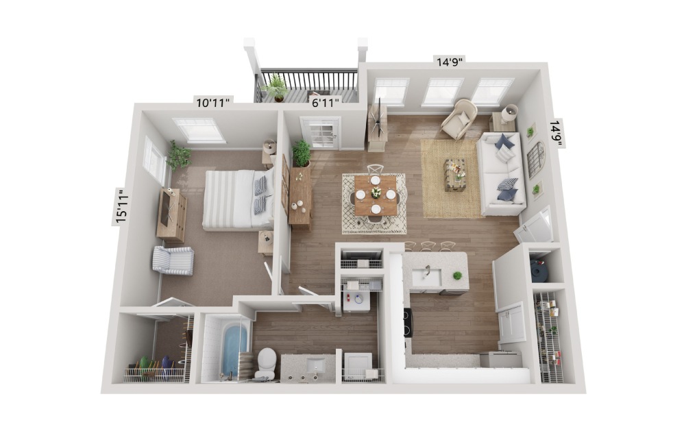 A1 - 1 bedroom floorplan layout with 1 bathroom and 789 square feet