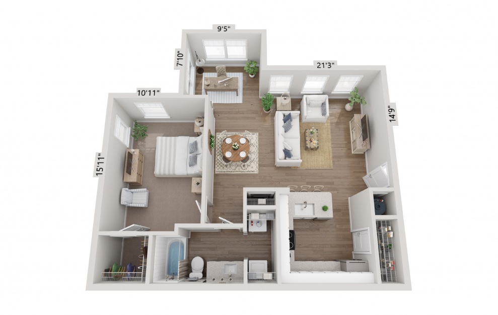 A2 - 1 bedroom floorplan layout with 1 bath and 879 square feet.