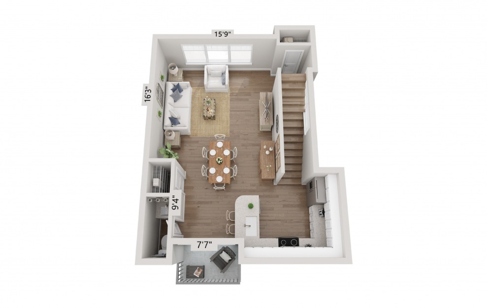 A3 Townhome - 1 bedroom floorplan layout with 1.5 bath and 958 square feet. (Floor 1)