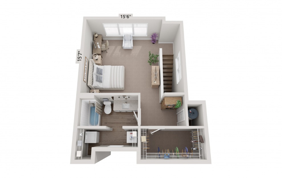 A3 Townhome - 1 bedroom floorplan layout with 1.5 bath and 958 square feet. (Floor 2)