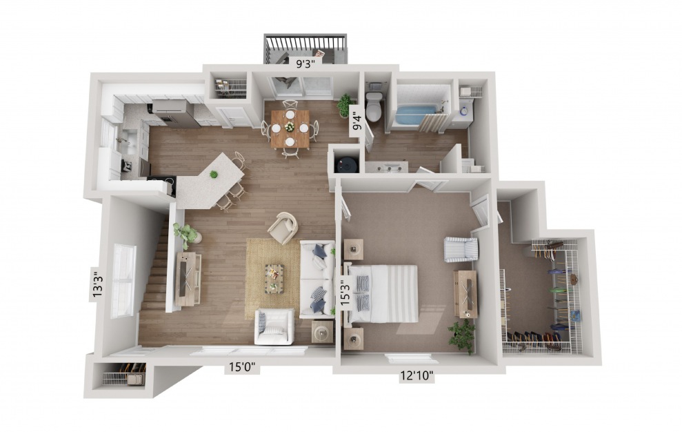 A4 Townhome - 1 bedroom floorplan layout with 1 bath and 966 square feet. (Floor 1)