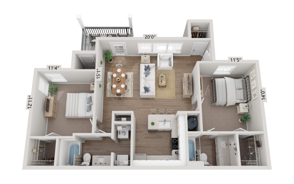 B1 - 2 bedroom floorplan layout with 2 bathrooms and 1050 square feet