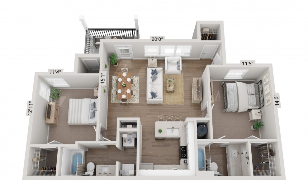B1 - 2 bedroom floorplan layout with 2 baths and 1050 square feet.