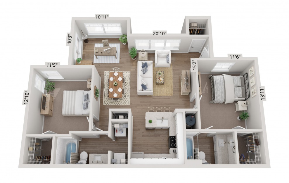 B2 - 2 bedroom floorplan layout with 2 baths and 1108 square feet.