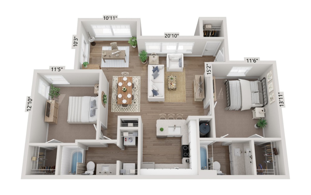 B2 - 2 bedroom floorplan layout with 2 bathrooms and 1108 square feet