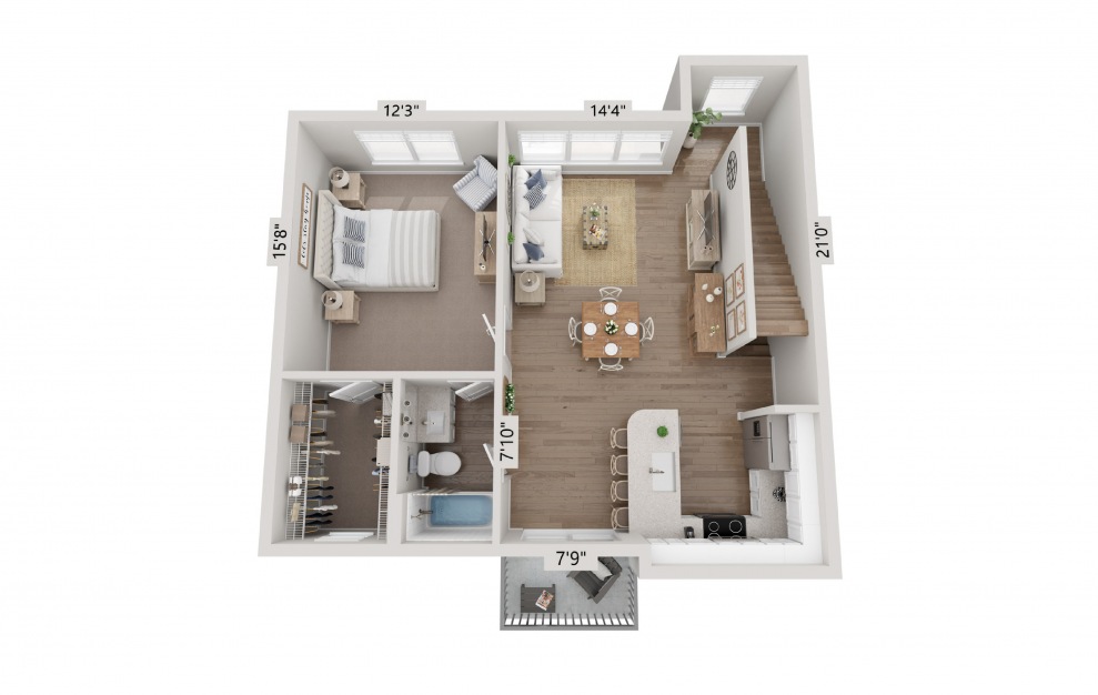 B3 Townhome - 2 bedroom floorplan layout with 2 baths and 1246 square feet. (Floor 1)