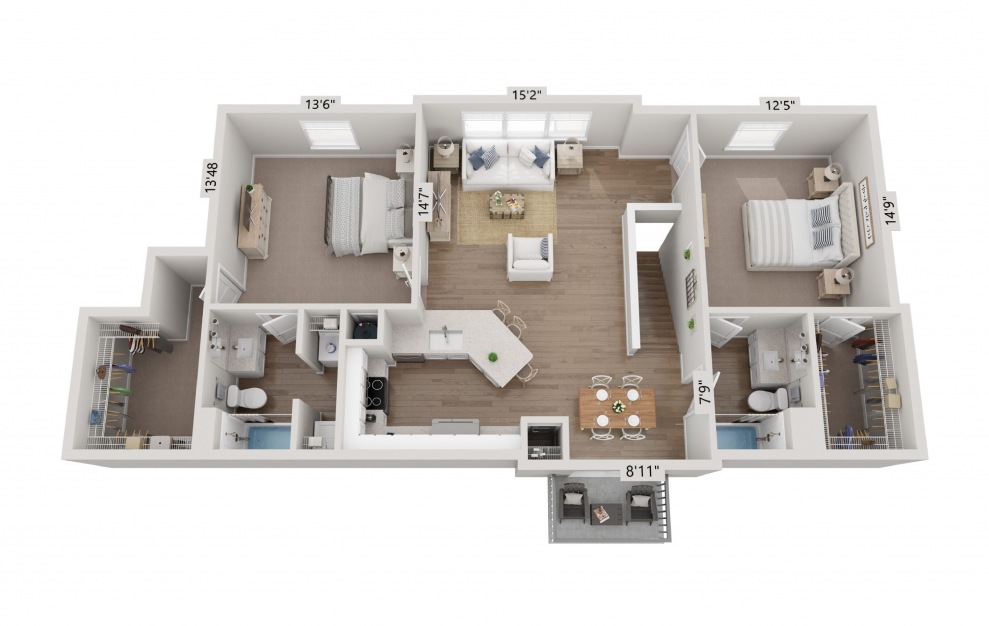 B5 Townhome - 2 bedroom floorplan layout with 2 baths and 1267 square feet. (Floor 1)